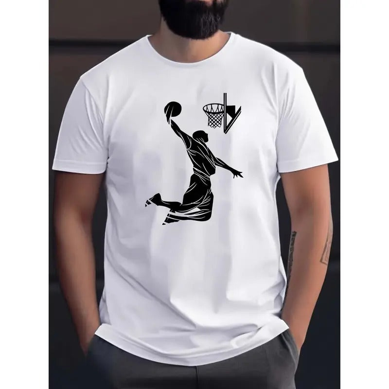 Basketball Dunk Jump Silhouette Print Short Sleeved Casual Comfy Versatile Top Leisure Everyday Spring Summer Made USA T-Shirts
