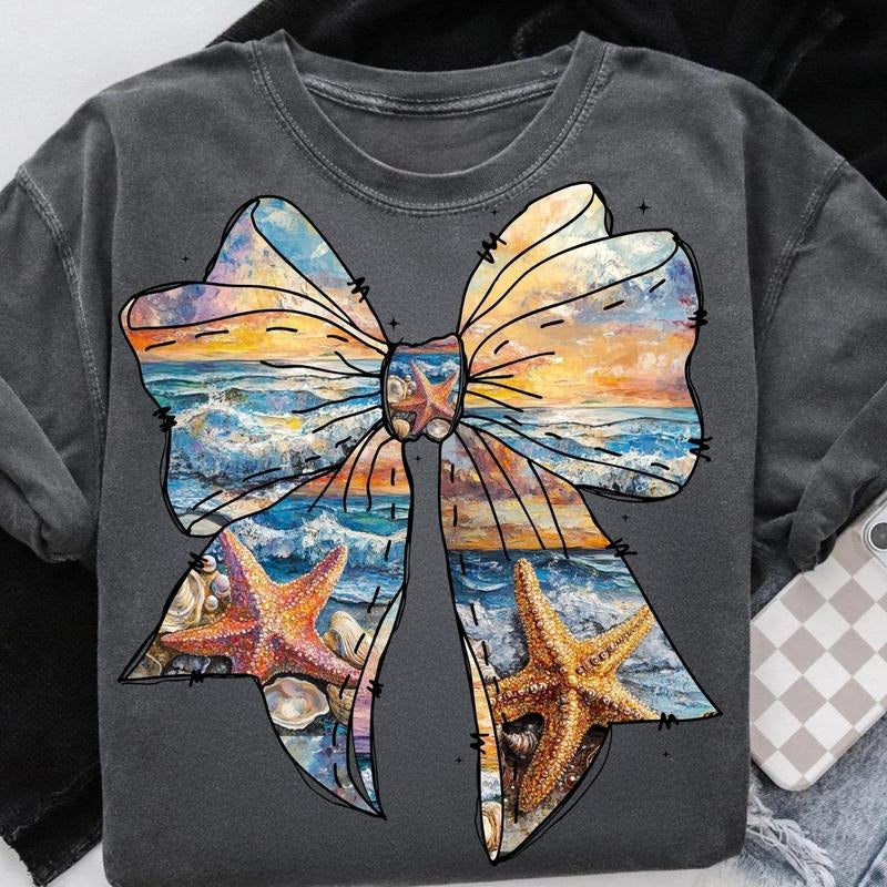 Summer Coastal Ocaen Coquette Girly Bow Shirt Beach Summer Coastal Girly Summer Girly Coquette Bow Her T-Shirts