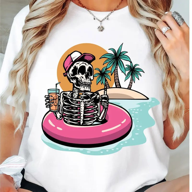 Summer Skeleton Funny Summer Shirt Beach Summer Skeleton Vacation Peachy Skeleton Shirt Halloween T-Shirts
