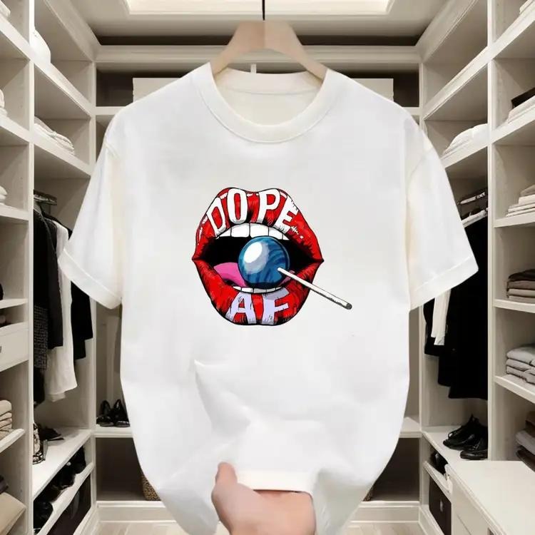 Edgy Red Lips & Lollipop Print Spiced Up Letters. Pure Cotton Comfy Street Lovers T-Shirts