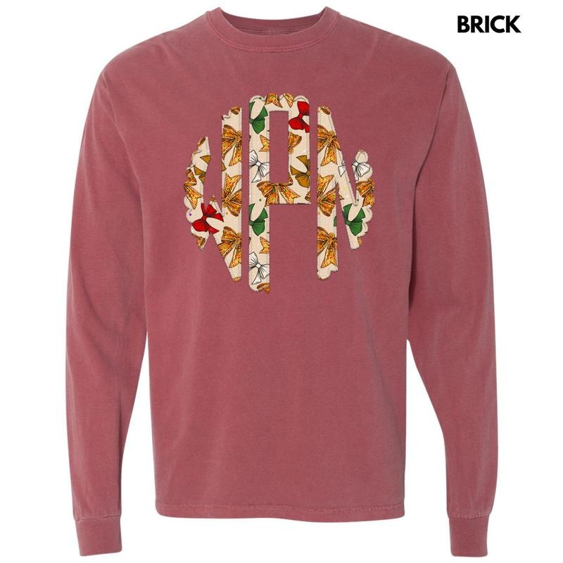 Tan Gingerbread Bow Monogram Long Sleeve Comfort Colors 'NLB' T-Shirts