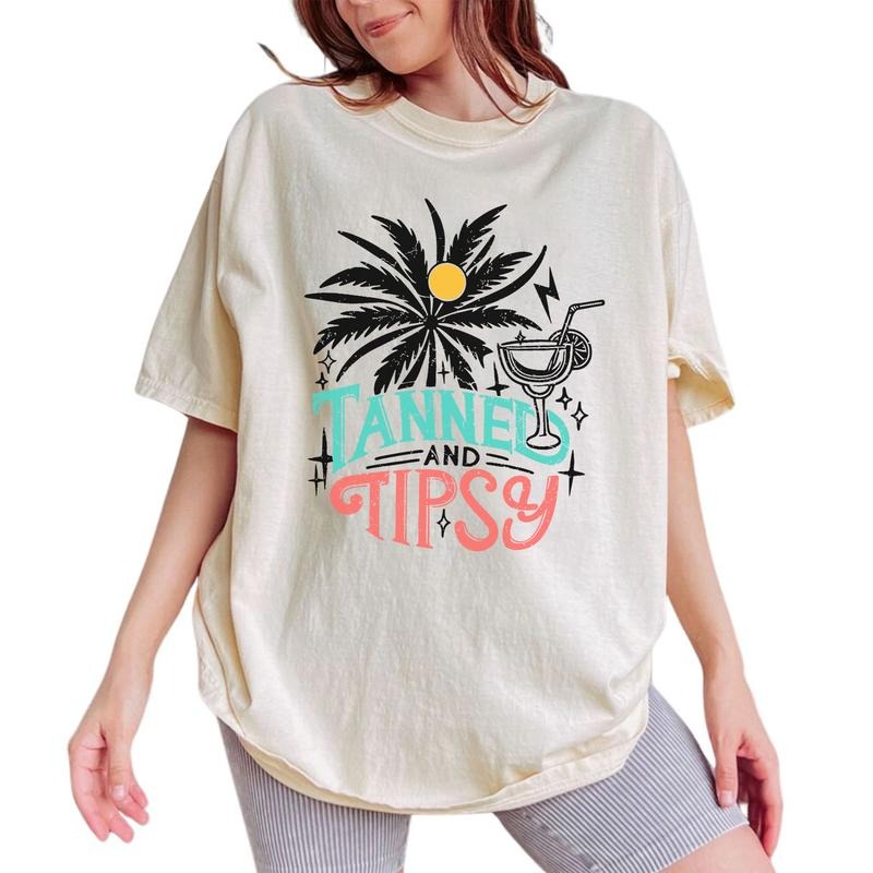 Tanned Tipsy Shirt Summer Vintage Summer Vacation Printed Tops Seasonal Shirt Comfy Beach Holidays Lover Beach Day Drinks Womenswear Cotton Fabric Relaxed Chic T-Shirts