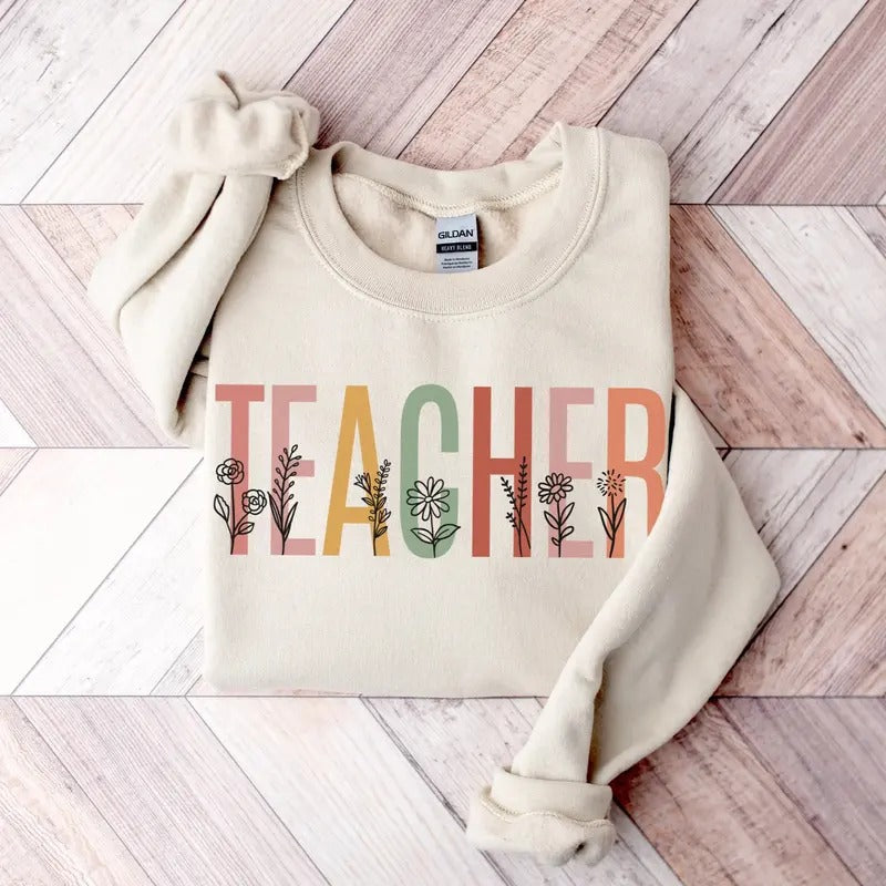 Teacher Shirt Boho Wildflowers Teacher Flowers Teach Shirt Spring Teacher Floral Cotton T-Shirts