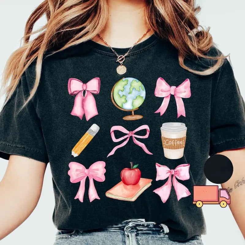 Teacher Pink Bows Coquette Back School Shirt Teacher Appreciation Preppy Teach DYC8D T-Shirts