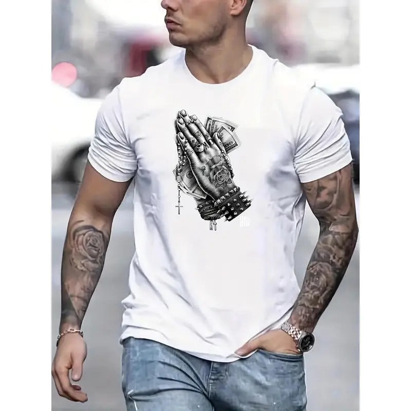 Praying Hands Money Print Casual Short Sleeve Summer Spring Fall Tops As Made USA T-Shirts