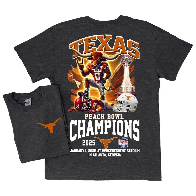 Texas Longhorns Peach Bowl Champs 2025 Mascot Shirt Classic Cotton Womenswear Menswear Football Fan Comfortable Love Sport Tops Soft T-Shirts