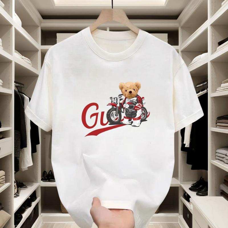 Little Bear Riding Motorcycle Is Cool Red Letters Are Trend Is Very Popular. Pure Cotton Material Comfortable Versatile Showing Personality Street T-Shirts