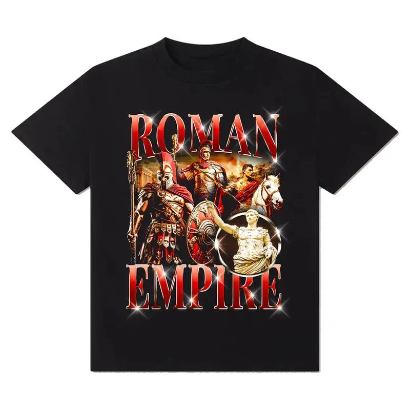 Roman Empire ! Cotton Casual Crew Neck Slim Fitting Plain Floral Striped Black Menswear Top 3000 BC Clothes T-Shirts