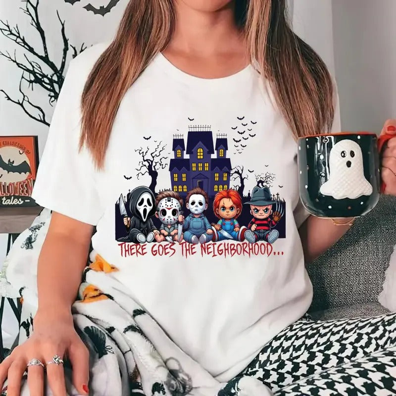 There Goes Neighborhood Shirt Horror Friends Halloween Movie Shirt Horror Movie Retro Halloween Short Shirt Casual T-Shirts