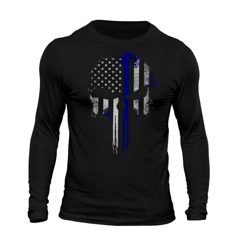 Thin Blue Flag Skull Patriotic USA Tactical Long Sleeve Casual Classic T-Shirts