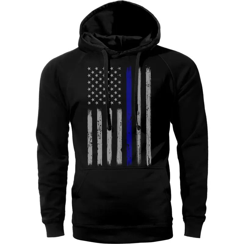 Thin Blue Vertical Brushed Flag Front Print Police Cotton Fabric T-Shirts