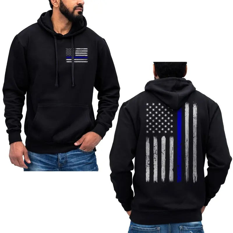 Thin Blue Vertical Brushed Flag Police Cotton Fabric T-Shirts