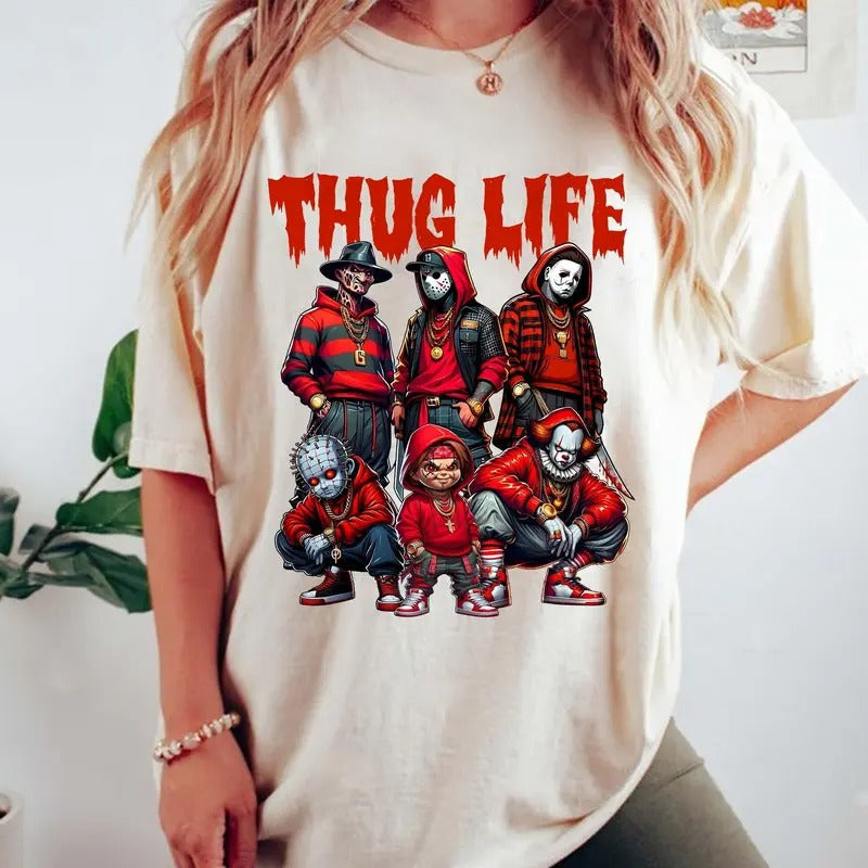 Thug Life Horror Movie Shirt Halloween Friends Horror Characters Shirt Friend Horror Short Sleeve Casual T-Shirts