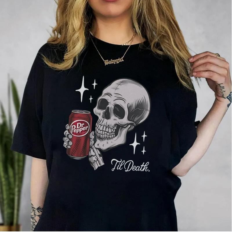 Till Death Dr. Pepper Shirt Skeleton Halloween Cute Dr Pepper Shirt Skeleton Drinking Dr. Pepper Short Sleeve Shirt T-Shirts