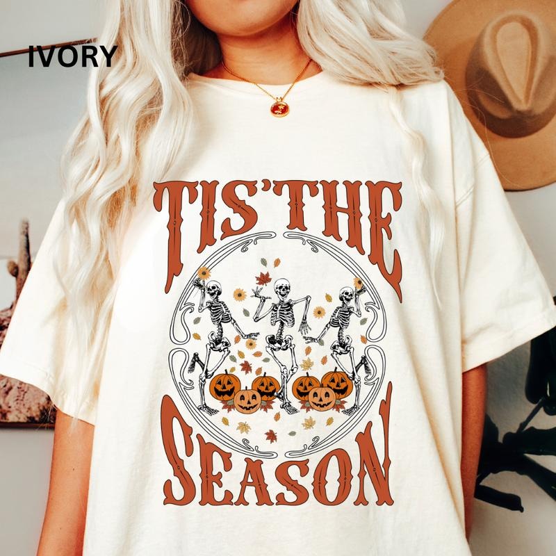 Tis Season Skeleton Relaxed Fit Printed USA Womenswear Casual Comfort Cotton Top Athletic Boho Chic T-Shirts