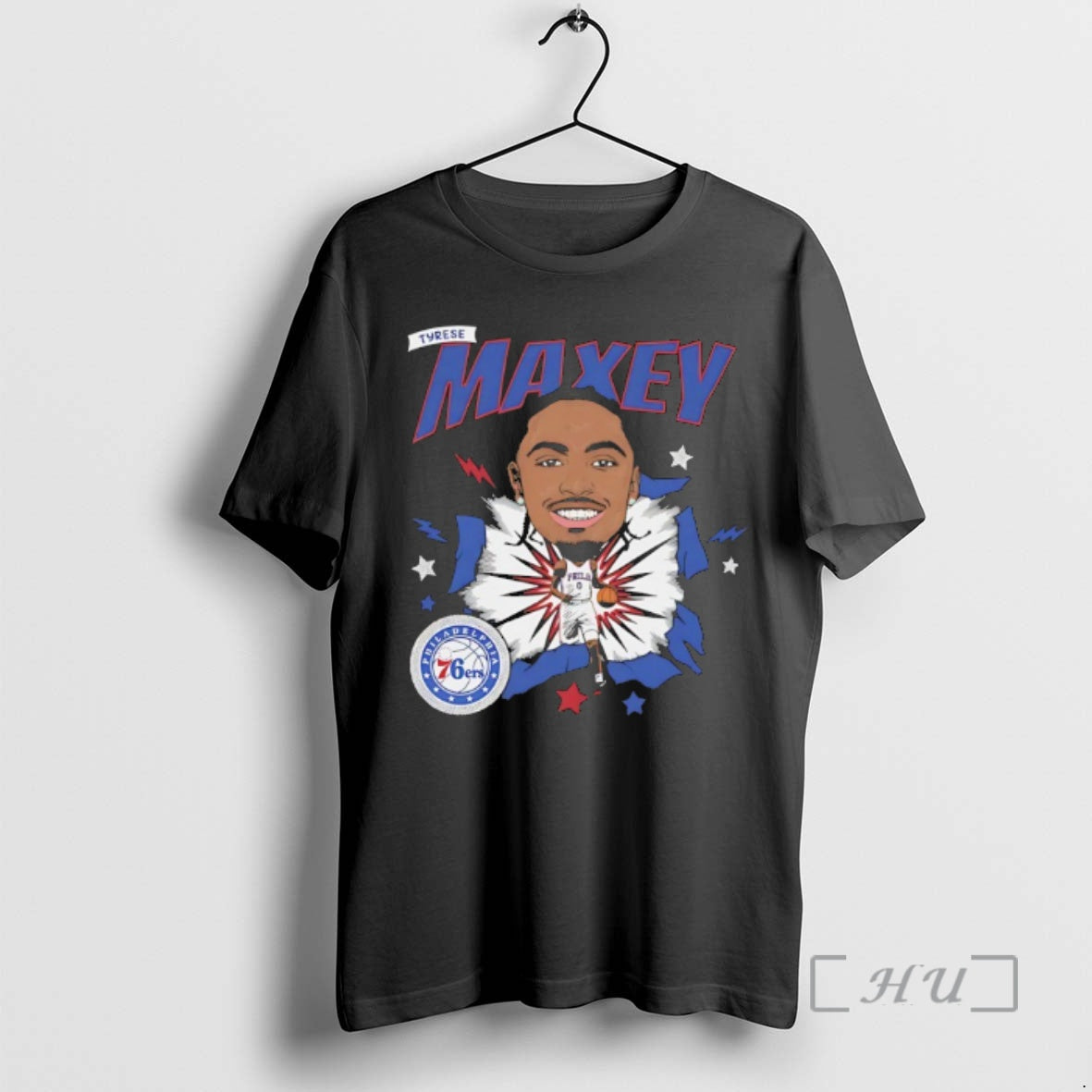 Trending Tyrese Maxey Philadelphia 76ers Basketball Player Caricature T-Shirts
