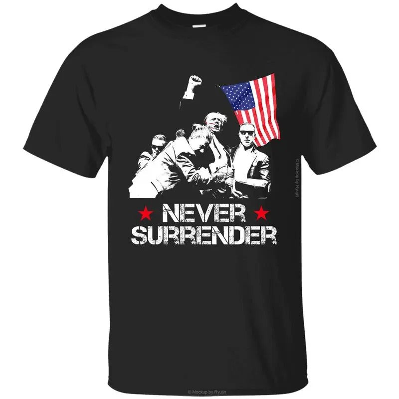 Trum Never Surrender Trum Assassination Attempt Praying President Trum Shirt Bloodied Trum Fist Pumps Trum Shirts 2024 Front Sided Printed Classic Cotton Menswear Top T-Shirts