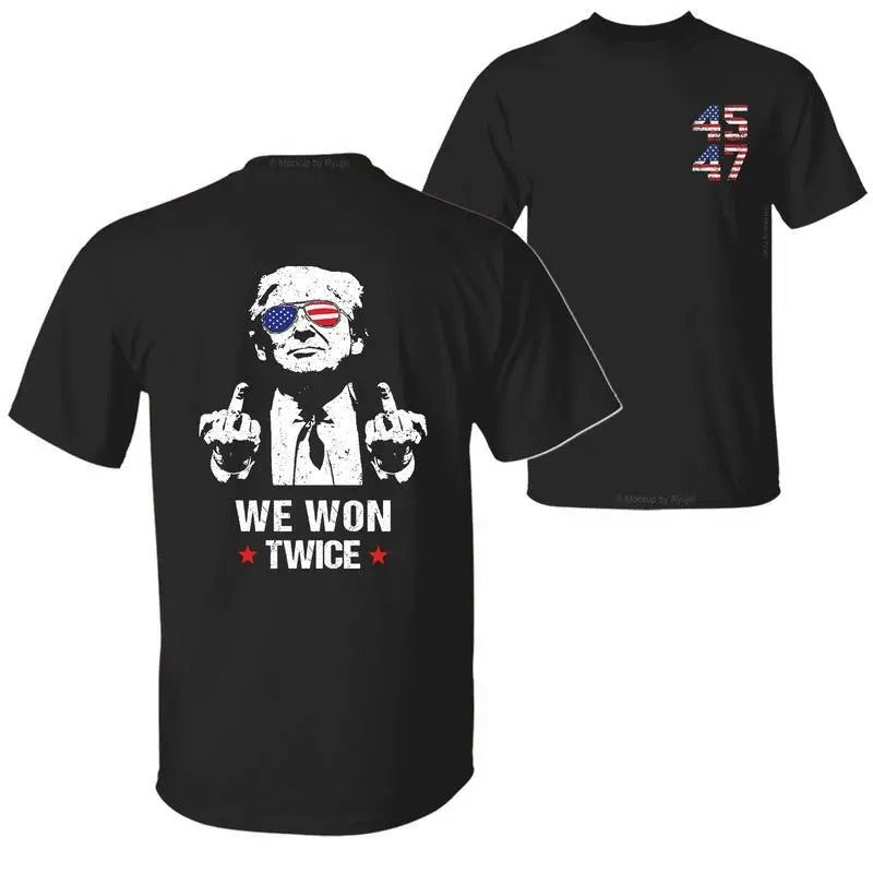 Trump We Won Twice 45th 47th President Shirt Trump Shirts Sale Wins Inauguration 2 Sided Menswear Top T-Shirts