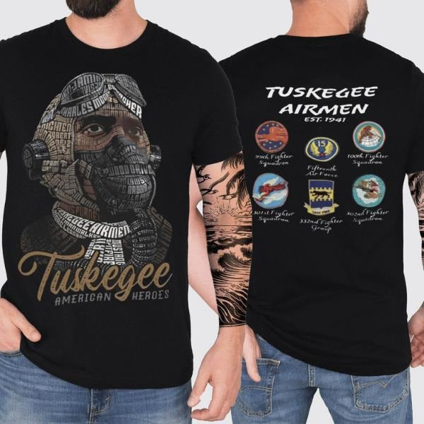 Tuskegee American Heroes 2 Sides Tuskegee Airmen Red Tails World War 2 Commemorative Shirt Streetwear Tops Casual T-Shirts