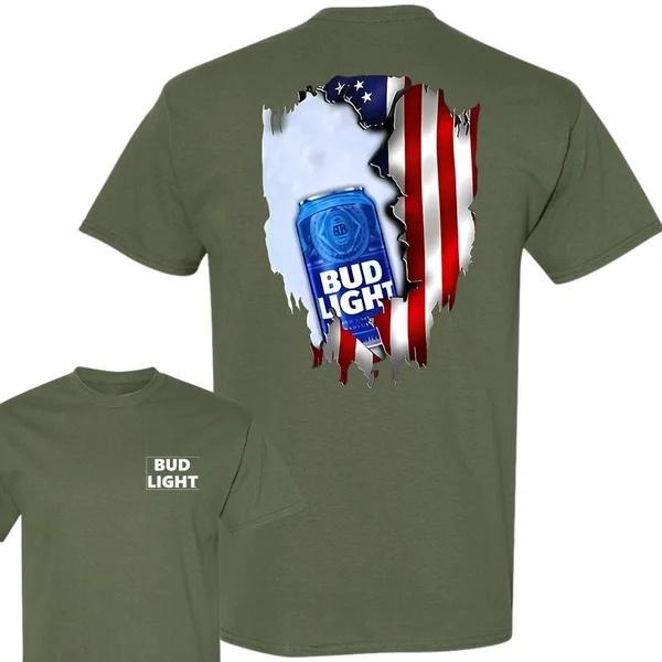 Two Sided Bud Light American Flag Funny Summer Outdoors Beer Lover Independence Day T-Shirts
