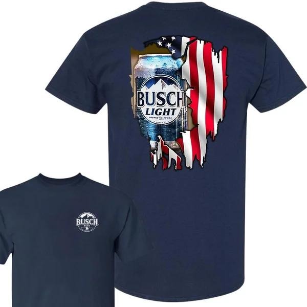 Two Sided Busch Light American Flag Funny Summer Outdoors Beer Lover Independence Day T-Shirts