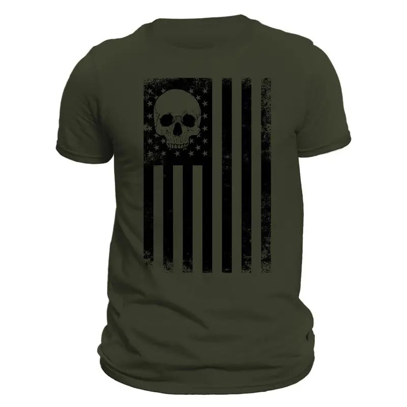 USA Black Vertical Flag Skull Casual T-Shirts