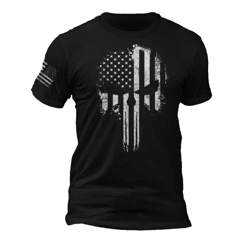 USA Patriotic Shirt Tactical Desaturated Skull Flag Sleeve T-Shirts
