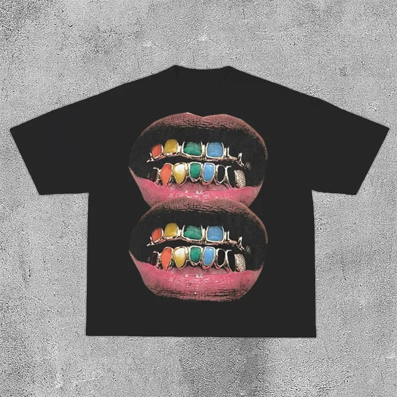 Loose Lip Print Cotton T-Shirts