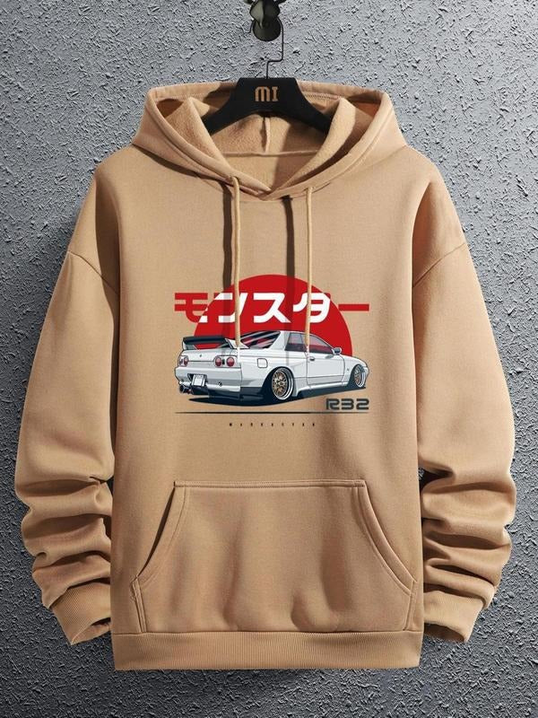 Car Print Drop Shoulder Warm Essentials Soft Long Sleeve Casual Regular Fit Drawstring Pocket Hooded Fall Streetwear Clothes Tops Hot Tiktok Trend T-Shirts