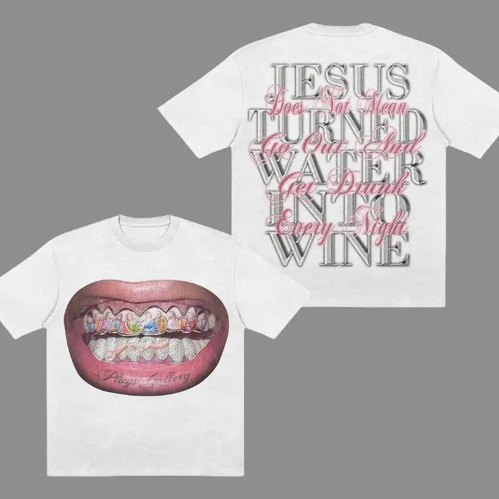 Mouth & Letter Print Jesus Smiled S 3XL & Streetwear Tops & Underwear Casual Cotton Menswear T-Shirts