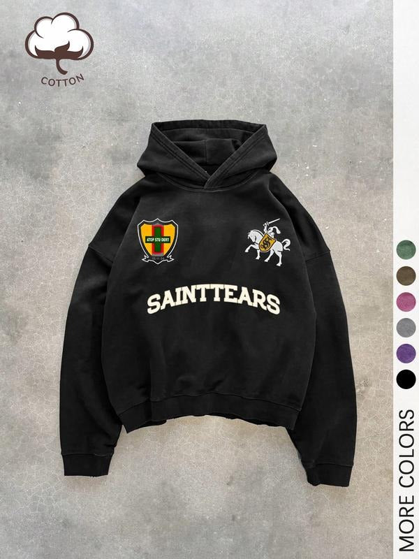 'S "SAINTTEARS" Print Regular Washed Cotton Vintage Casual Tops All Season Daily T-Shirts