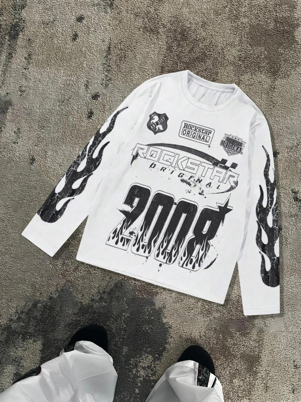 'S Fire & Letter Print Long Sleeve Street Casual Round Neck Daily Top Spring T-Shirts