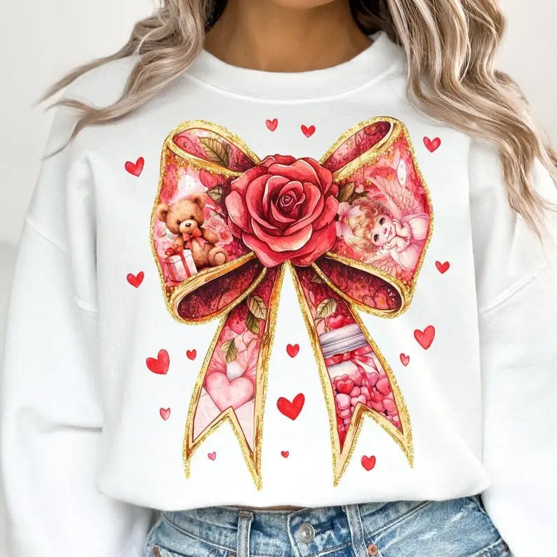 Valentine Coquette Bow Retro Valentine Xoxo Baby Cupid Candy Hearts Glitter Valentine Love T-Shirts