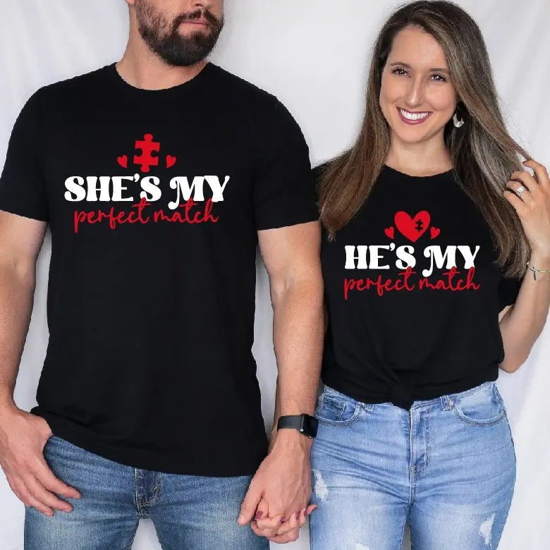 Valentine Couple Puzzle She'S My Perfect Match Shirt Anniversary Couple Matching Puzzle Couples Love Day Short Sleeve T-Shirts