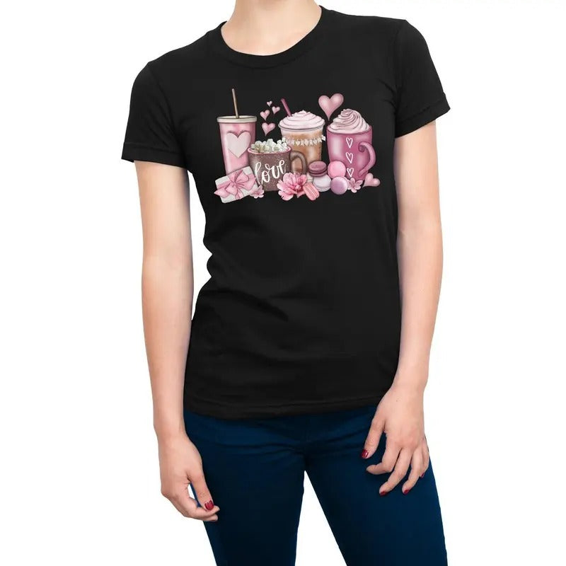 Valentines Coffee Casual Pink Coffee Print Comfortable Cotton Everyday Top T-Shirts