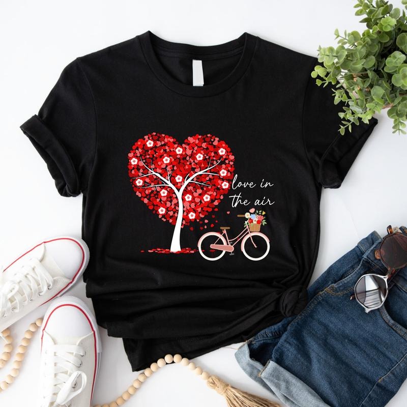 Valentines Couple Bike Valentines Heart Shirt Love Balloons His Hers Heart Tree Short Sleeve Cute Girlfriend. Heartmapprintsummertee T-Shirts