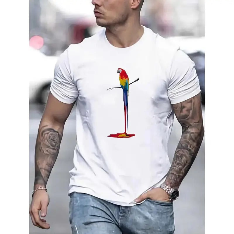 Vibrant Artistic Melting Parrot Print Soft Comfy Short Sleeves Relaxed Fit Casual Summer Outdoor Activities Beach Trips Made USA T-Shirts