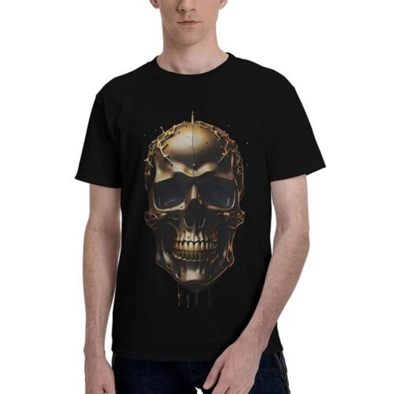 Vibrant 3D Golden Skull Pattern Short Sleeve Round Neck Summer Top Comfortable Fit Breathable Fabric Unique Casual Outings Summer Vacations Made USA T-Shirts