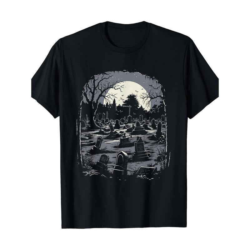Vibrant Spooky Cemetery Print Fun Halloween Soft Breathable Fabric Casual Halloween Parties Made USA T-Shirts