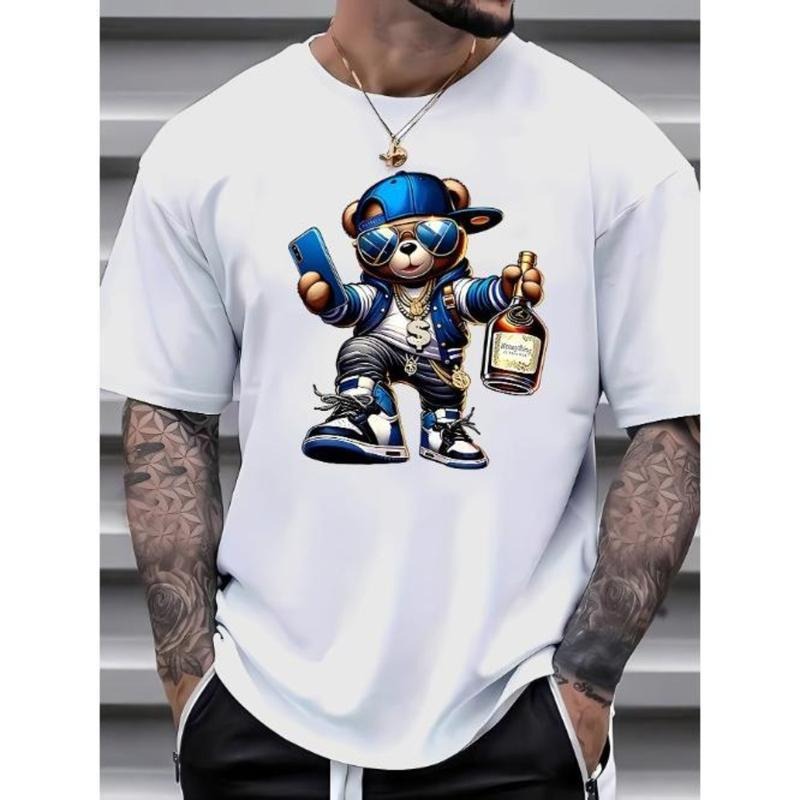 Vibrant Street Bear Print Casual Short Sleeve Comfy Summer Relaxed Fit Soft Fabric Made USA T-Shirts