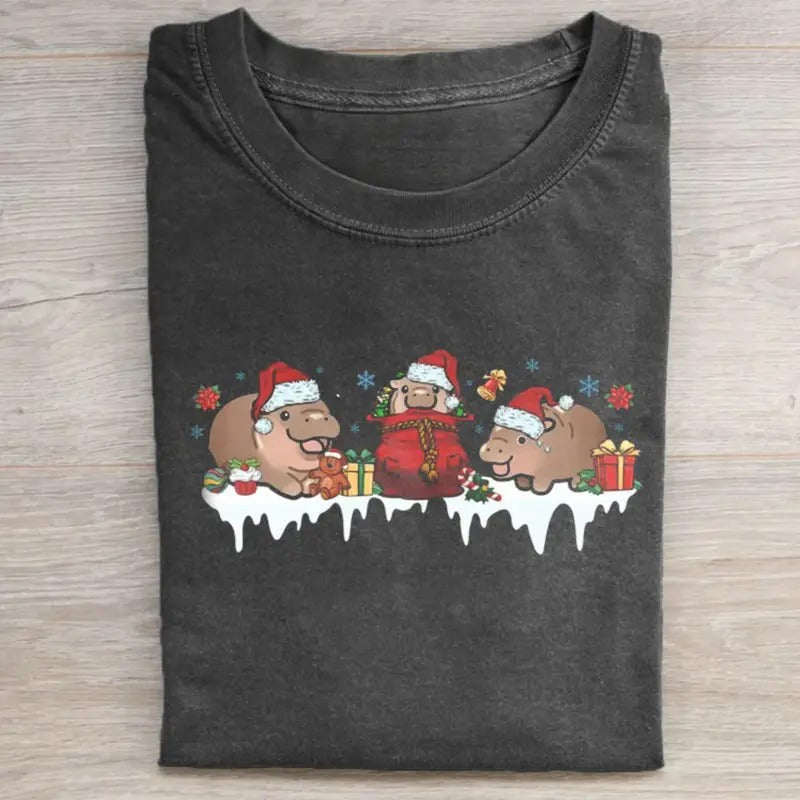 Vintage Funny Moo Deng Santa Claus Christian Cute Xmas Shirt T-Shirts