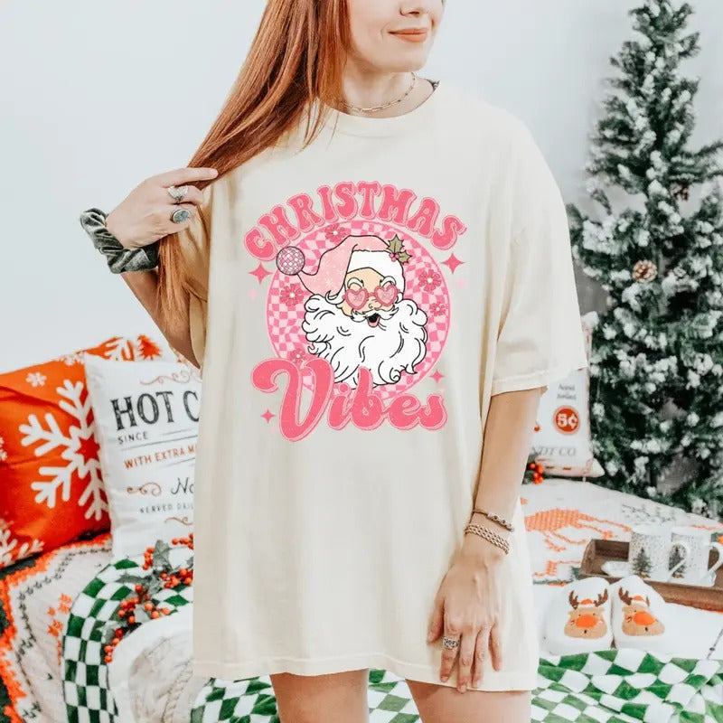 Vintage Pink Santa Claus Cute Cozy Season Top Womenswear T-Shirts