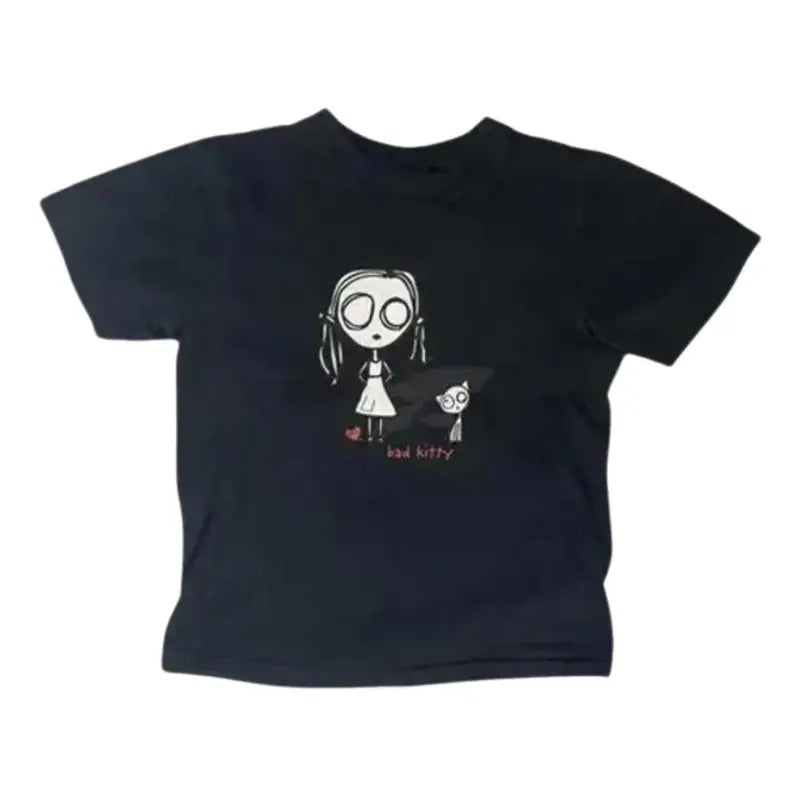 Vintage Eve L Bad Kitty Baby Goth Punk College Humour Cartoon Y2k Top Streetwear Grunge 2000s Gothic Emo Girl Girlfriend T-Shirts