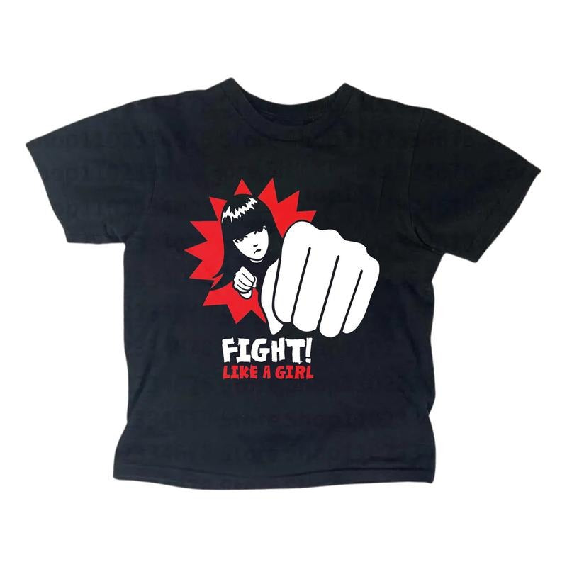 Vintage Fight Like Girl Baby Gothic Emo Girl Top Y2k Top Streetwear Grunge 2000s Fitted Girlfriend T-Shirts