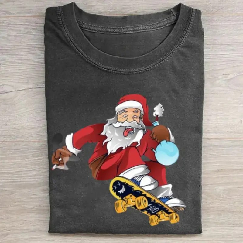 Vintage Funny Santa Skateboarding Christian Santa Holding Boong Funny Cannabis Shirt Merry Cute Winter Shirt Stoner T-Shirts