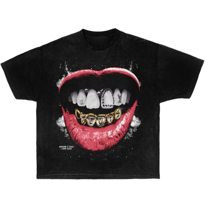 Vintage Grillz Dyed Boxy Shirt Streetwear Y2K Y2K Cyber Wave Retro Vapor Streetwear Statement Cotton T-Shirts