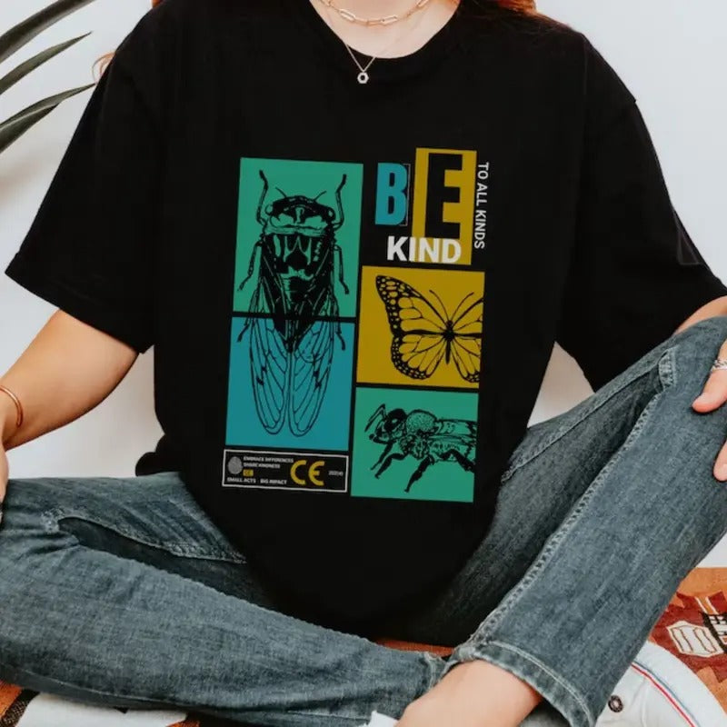 Vintage Insect Shirt Be Kind All Kinds Bug Cicada Butterfly Bee Entomology Teacher Inspirational Him Her Top Menswear T-Shirts