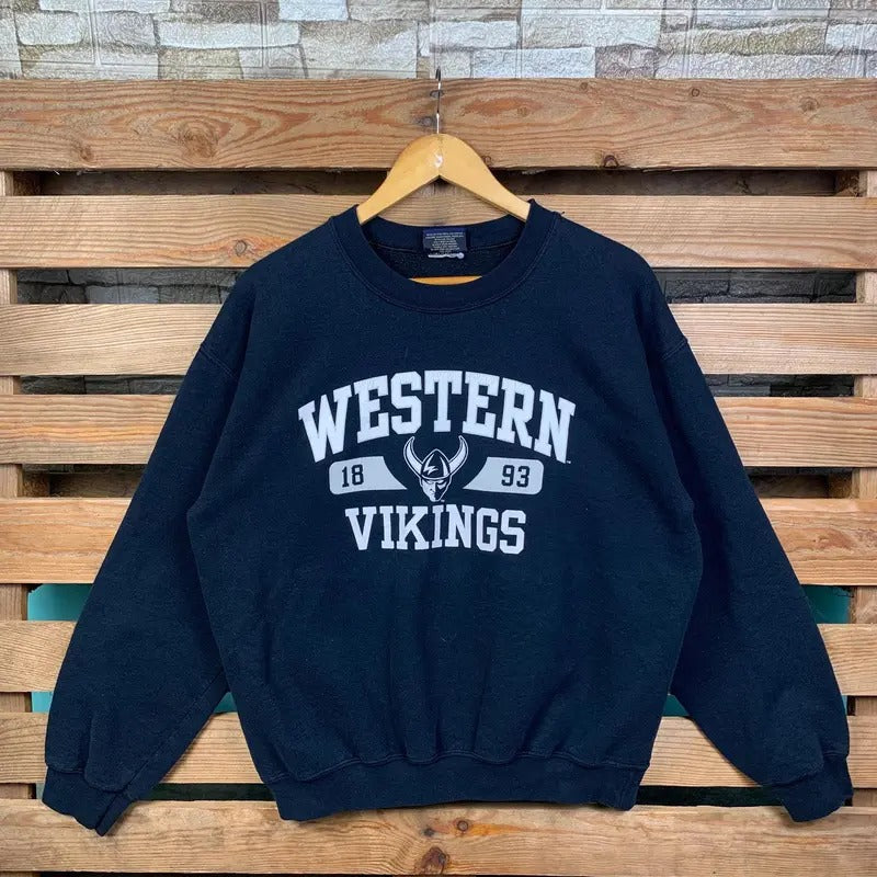 Vintage Ncaa Western Vikings Western Jumper Vikings Western Vikings Logo Print Black Colour T-Shirts