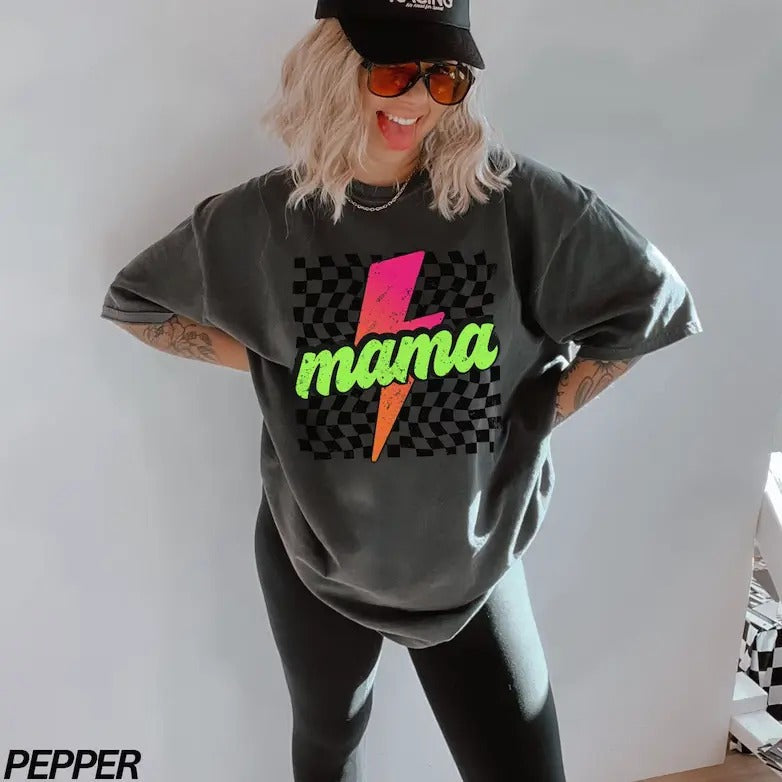 Vintage Neon Mama Checkered Mama Lightning Bolt Shirt T-Shirts