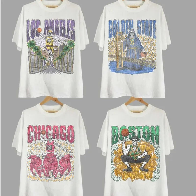 Vintage Skeleton All Teams Basketball Gildan 5000 Sport Classic All Teams Basketball White Menswear Soft T-Shirts